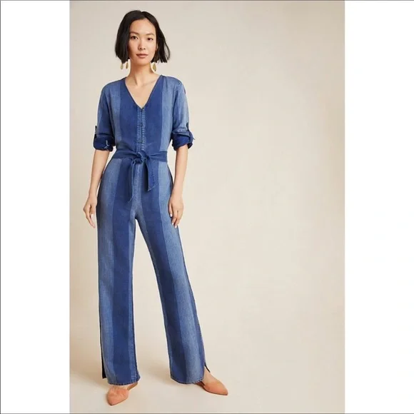 NEW Cloth & Stone Laney Chambray Jumpsuit Romper Denim Jeans Patchwork - Picture 9 of 10
